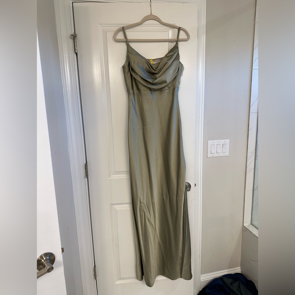 Revelry Satin Silver Sage size 8. Worn once, dry cleaned. Looks new. Not hemmed.